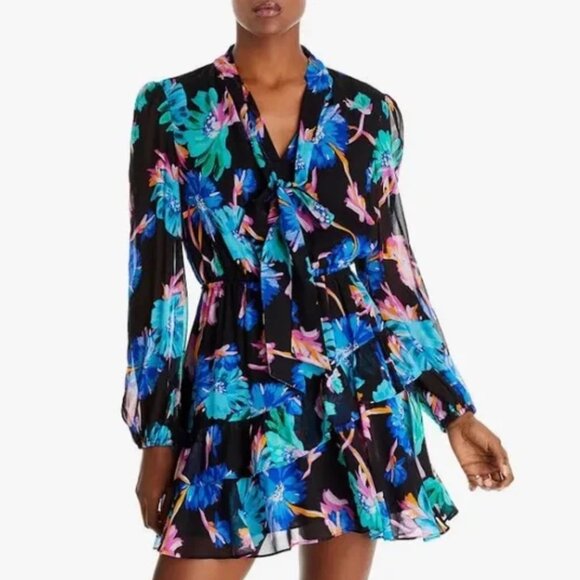 Milly NWT Blue Black Multi Hadlee Chiffon Mini Dress Floating Cosmos Print Sz 2 - Picture 3 of 16